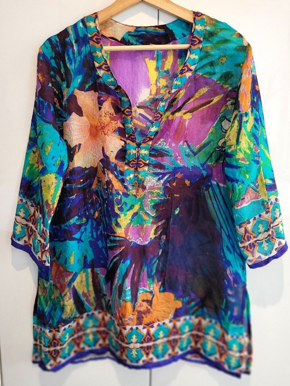 Women's 100% Silk Abstract Floral Print Blouse Size S
